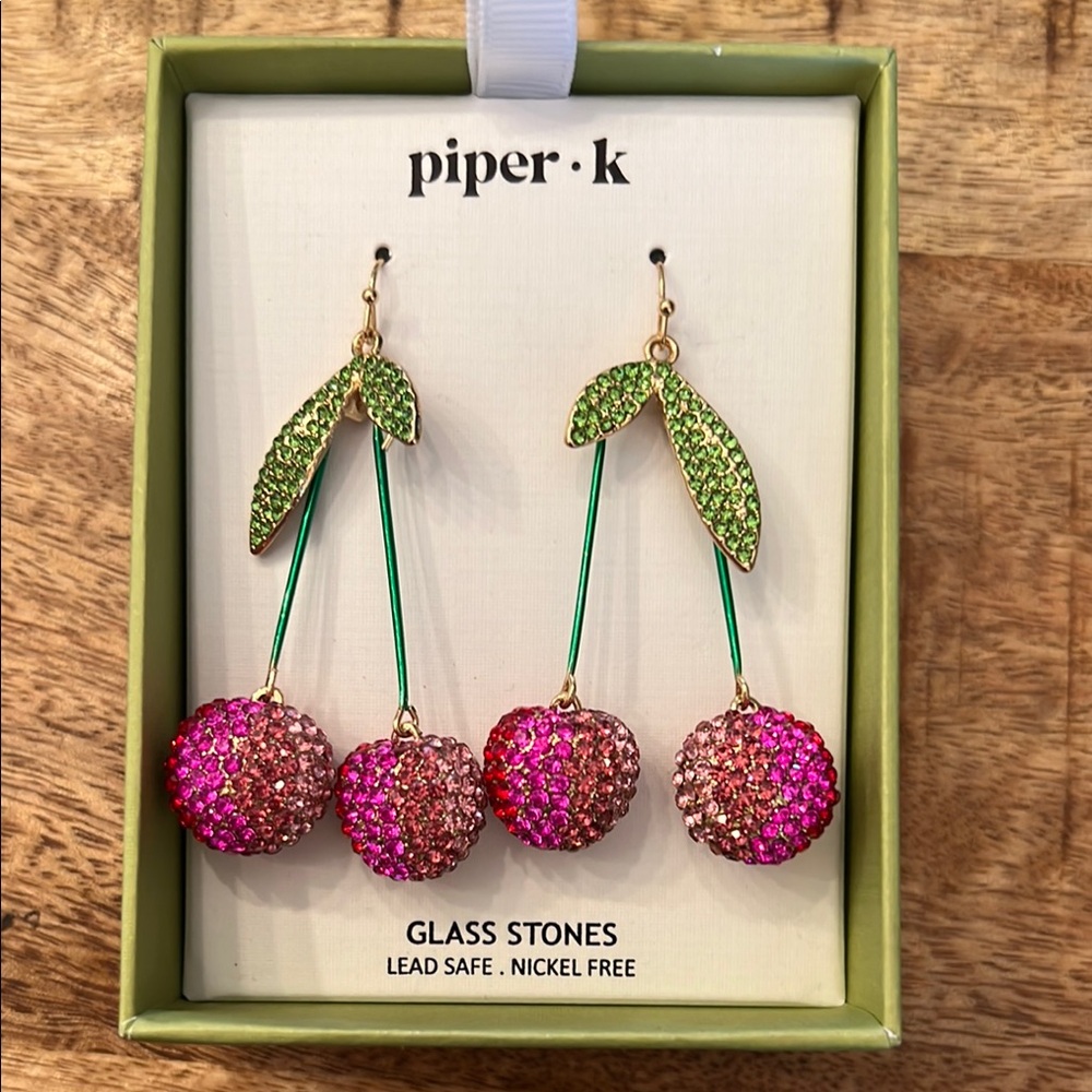 Piper K 🍒 Pink and Green Cherry Earrings with Sparkling Crystals NWT - Picture 2 of 4